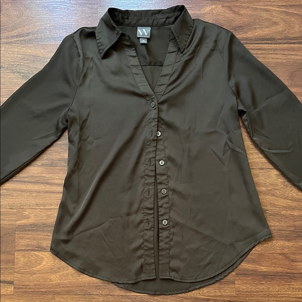 Worthington Green Button-Down Satin Blouse